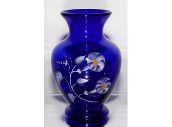 1998 Fenton Cobalt Blue Hand Painted And Signed 6.5' Vase