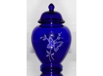 6' Fenton Cobalt Blue Etched Butterfly Signed Temple Jar