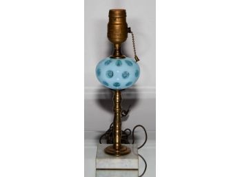 11' Fenton Blue Opalescent Coin Dot With Marble Base Lamp