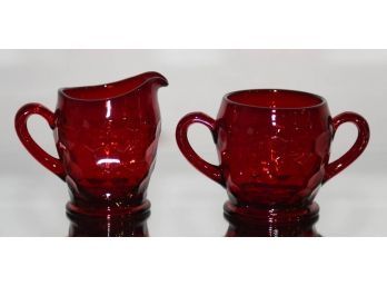 Fenton Ruby Red Georgian Honeycomb Creamer And Sugar