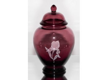 6' Fenton Amethyst Iris Collection Etched Signed Temple Jar