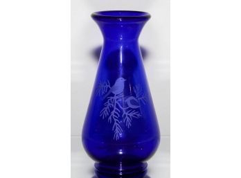 7' Fenton Cobalt Blue Etched Robin Vase