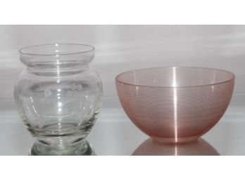 3.75' Etched Grapes Vase And 2.5' Pink Ridged Bowl