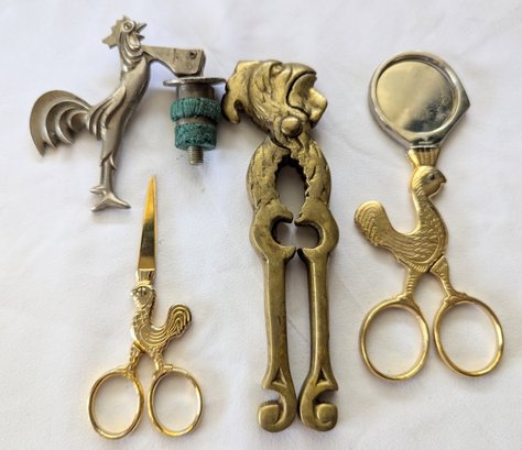 Vintage Parrot Nut Cracker, Egg Shell Cutter, Rooster Bottle Stopper, And Rooster Scissors.