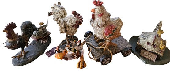 Lot Of Five Rooster And Chicken Decor With A Chicken On Wheels