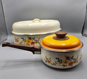 Vintage Sweet Flowers Enamelware Pot With Roasting Pan