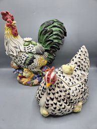 Pair Of Fitz And Floyd Rooster And Hen Cookie Jars