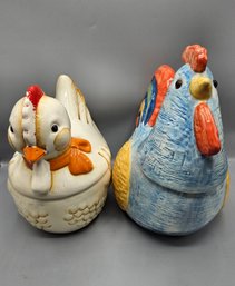 Pair Of Vintage Blue And White Chicken Cookie Jars