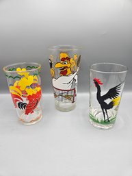 Three Collectible Rooster Glasses With Hazel Atlas Rooster