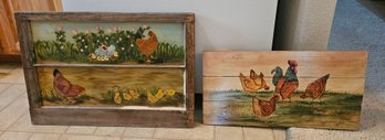 Window Painted Chicken Scene With Wood Painted Scene