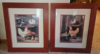 Pair Of Matching Red Frame Chicken Prints