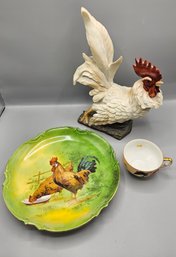 Ceramic Crown Rooster With Plate And Teacup