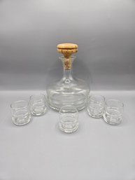 Mid Century Glass Decanter With Small Glasses