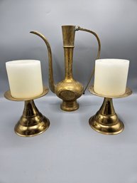 Brass Etched Eftaba With Matching Candlesticks