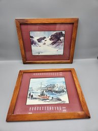 Pair Of Red Matted Decorative Pictures