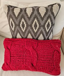 Red Knit Lumbar Pillow With Beige Throw Pillow