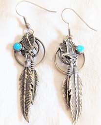 Southwestern Sterling Silver Eagle Feather & Turquoise Earrings.