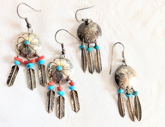 Sterling Silver Native American Shield With Feathers Earrings 2 Pairs