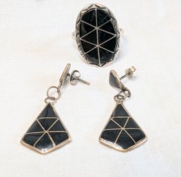 Vintage Zuni Sterling Silver Black Inlay Onyx1- Ring With Matching Earrings.