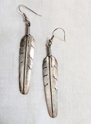 Cast Native American Sterling Silver Feather Dangle Earrings.