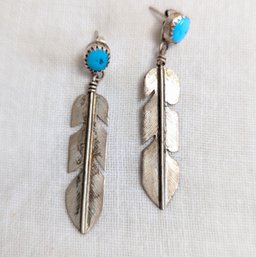 Feather Earrings With Turquoise Navajo Design