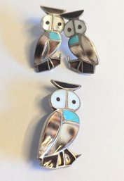 Carlene Leekity Zuni Jeweler RARE FIND! Owl Brooch With Matching Earrings Sterling Silver.