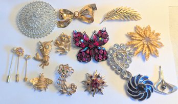 Assortment Of Vintage Brooches & Stick Pins Featuring Regency, Eisenberg, And Coro Pegasus.