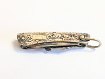 Vintage Sterling Silver Stainless Steel Oriental Pocket Knife Engraved Made In Japan.