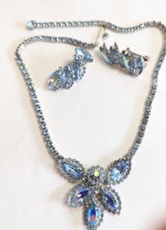 Vintage Weiss Signed Blue Aurora Borealis SPARKLY Rhinestone Necklace With Matching Earrings.