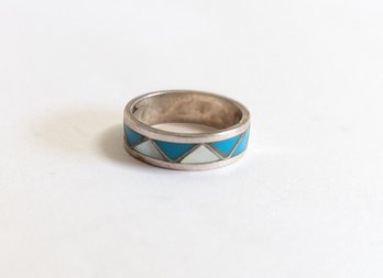 Triangular Turquoise, Mother-of-pearl Sterling Silver Native American Ring