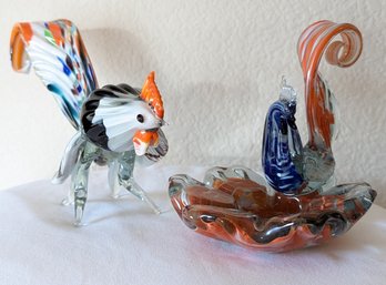 Murano Style Hand Blown Art Glass Rooster Figure And Sitting Rooster.