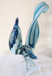 Murano Style Hand Blown Art Glass Blue Rooster Figure