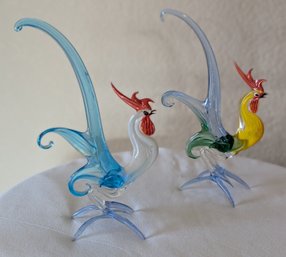 Two Hand Blown Roosters Glass Art.