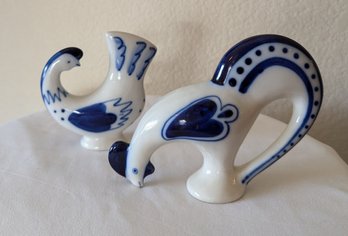 USSR Gzhel Porcelain Blue And White Roosters.