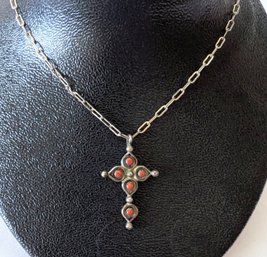 Navajo Coral Sterling Silver Cross Pendant.