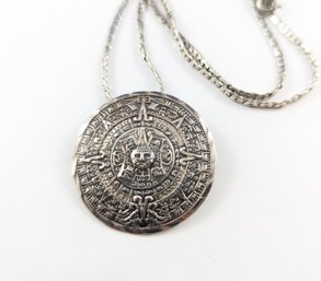 Vintage Taxco Mexico Aztec Mayan Sun God Calendar Sterling Silver Pendant.