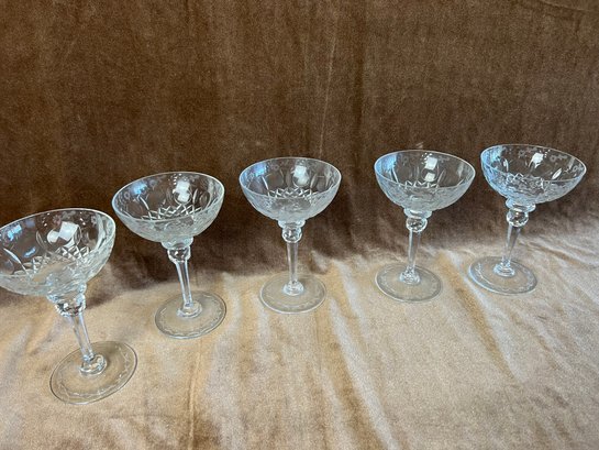 (#53) Vintage Quality Crystal Etched Stem CHAMPAGNE Glasses Set Of 5
