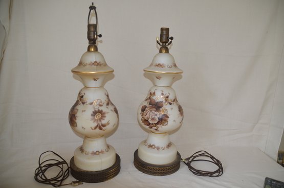 3) Vintage 3 Way Switch Pair Of Glass Table Lamps Hand Painted Decals