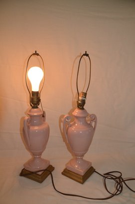 4) Pair Of Vintage Pink Ceramic Table Lamps - Works, Loose Wire