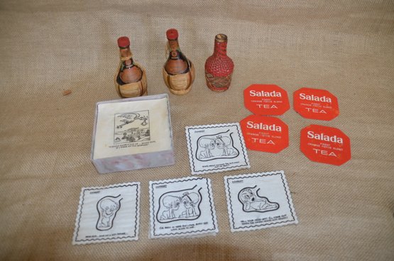 (#24) Barware Items: Eggbert Napkins, Coasters, Mini Liquor Bottles