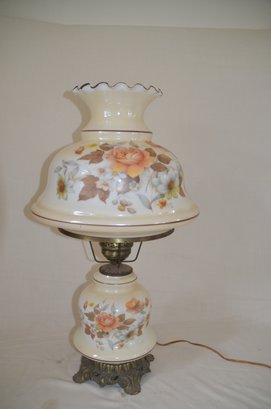 8) Vintage 3 Way Hurricane Table Lamp Beige Glass With Autumn Flower Decal 26'H