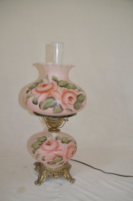 9) Vintage 2 Way Hurricane Lamp Hand Painted Pink Glass H.P. Roses Gone With The Wind Style