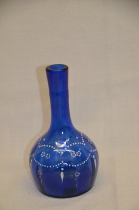 382) Vintage Cobalt Blue Glass Barber Bottle With Hand Painted White Floral Design 7.5'