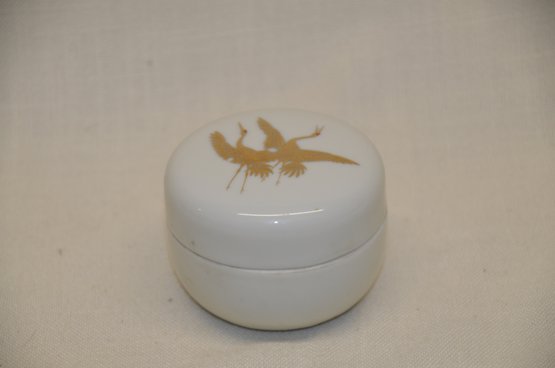 384) Vintage Japan Porcelain Round Trinket Covered Box Gold Crane Bird Motif  3x2