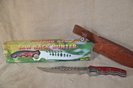 175) Saw Back Hunter 12' Knife Stainless Steel Blade Wood Handle Genuine Leather Sheath