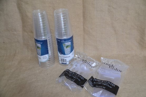 (#58) Party Plastic Tumblers ( 2 Sets) , Packages Of Forks And Spoons