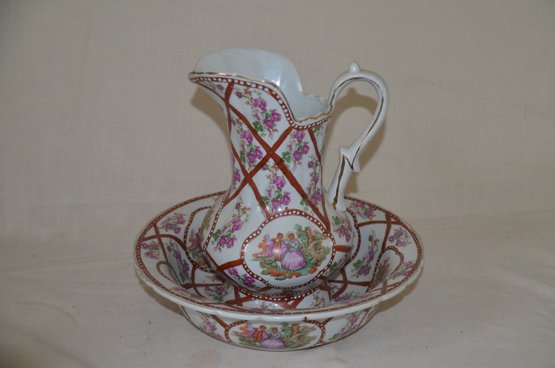 22) Vintage Victorian Ironstone French Porcelain Courting Couple Wash Bowl & Pitcher Set