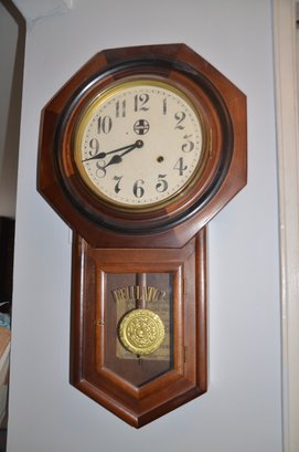 146) Vintage Wall Hanging Regular Clock Sante Fe In Wood Case With Key - Works