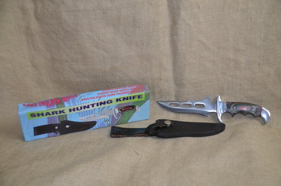 188) Shark Hunting Knife 10' Silver Bolster Stainless Steel Color Wood Handle With Real Leather Sheath