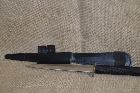 191) Knife 7.5' Blade 13.5' Overall Black Handle In Sheath No Box